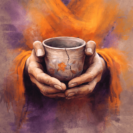 Hands holding a cracked clay cup symbolizing healing, resilience, and being used by God despite brokenness, illustrated in warm tones of orange, purple, and beige.