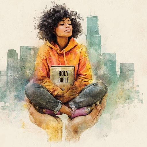 Black Woman sitting peacefully in large hands holding a Bible, symbolizing being carried by God, with a soft city background representing life’s pressures.