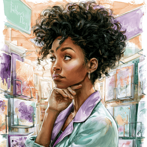 Woman in a store aisle choosing a Father's Day card while healing from father wounds and self-worth struggles
