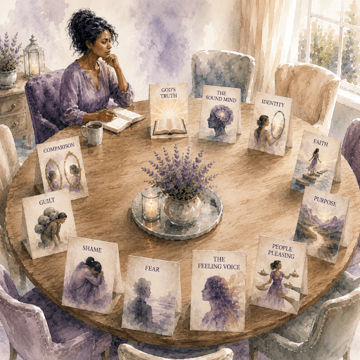 Watercolor illustration of an African American woman seated at a round table representing The Self-Worth Council™, surrounded by symbolic place cards representing the inner voices that influence self-worth, identity, emotional health, and relationship with God.