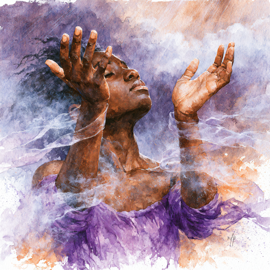 African American woman with hands surrendered to God. 