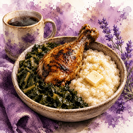 A watercolor illustration of a Southern breakfast with collard greens, black eyed peas, grits, chicken, and coffee representing a lesson about Christian self worth and living according to God’s truth instead of cultural expectations.