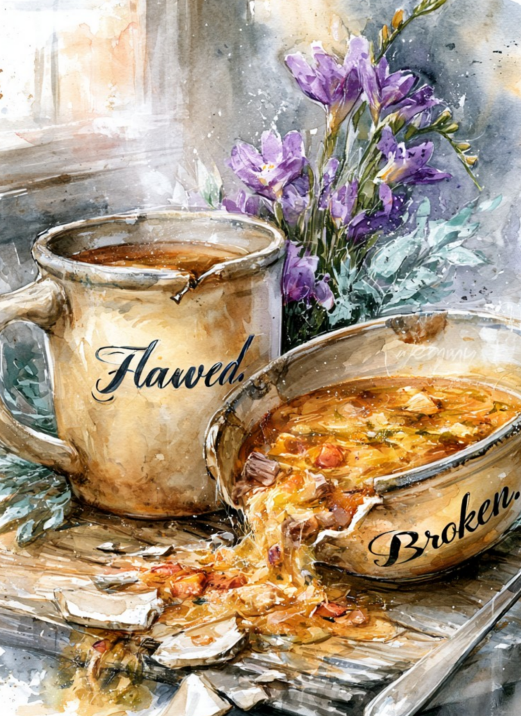 Illustration contrasting two labeled vessels: one labeled “Flawed” remains intact, while one labeled “Broken” is cracked and spilling. A metaphor for the difference between human condition and identity in Christ, as explored in biblical self-worth teachings.