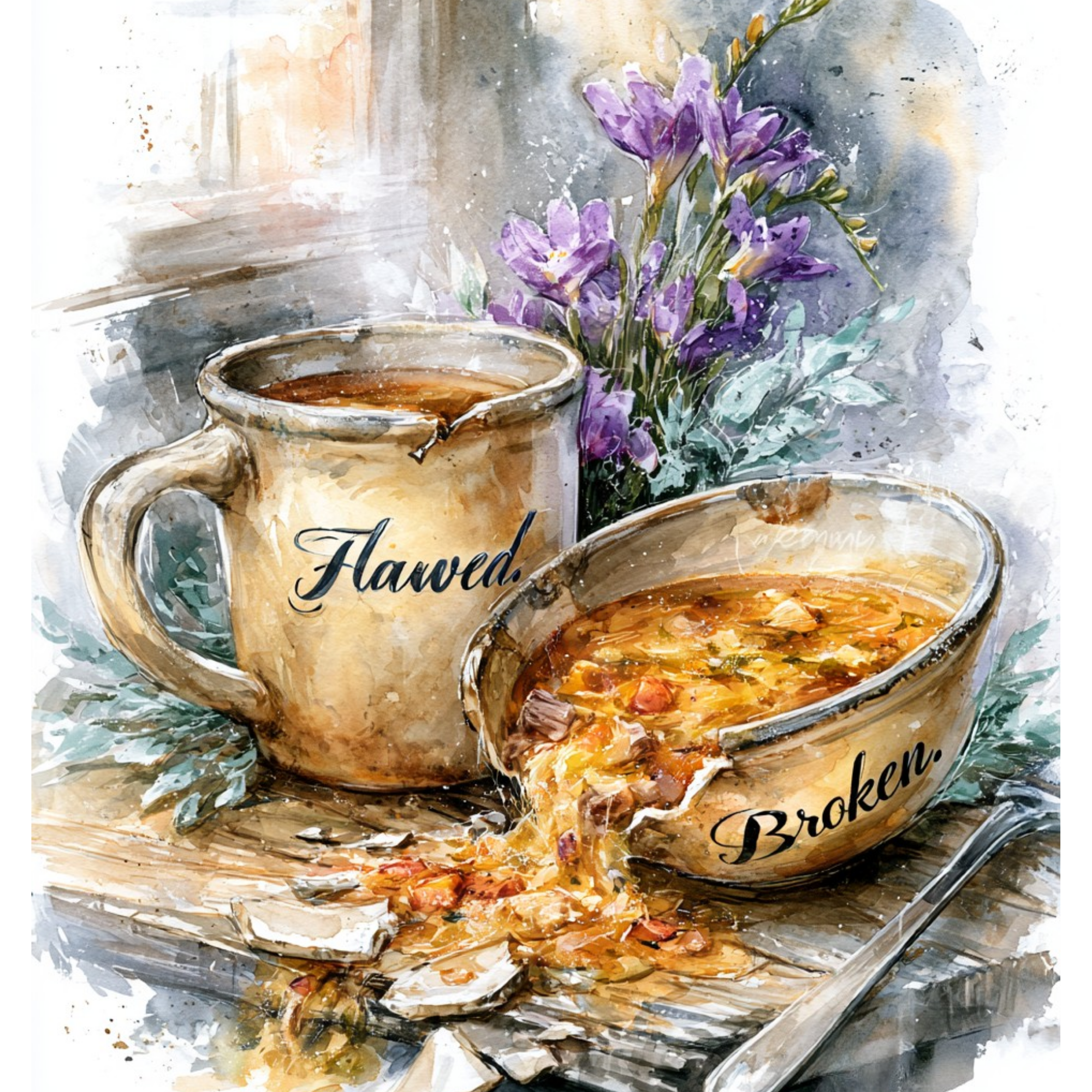 Illustration contrasting two labeled vessels: one labeled “Flawed” remains intact, while one labeled “Broken” is cracked and spilling. A metaphor for the difference between human condition and identity in Christ, as explored in biblical self-worth teachings.