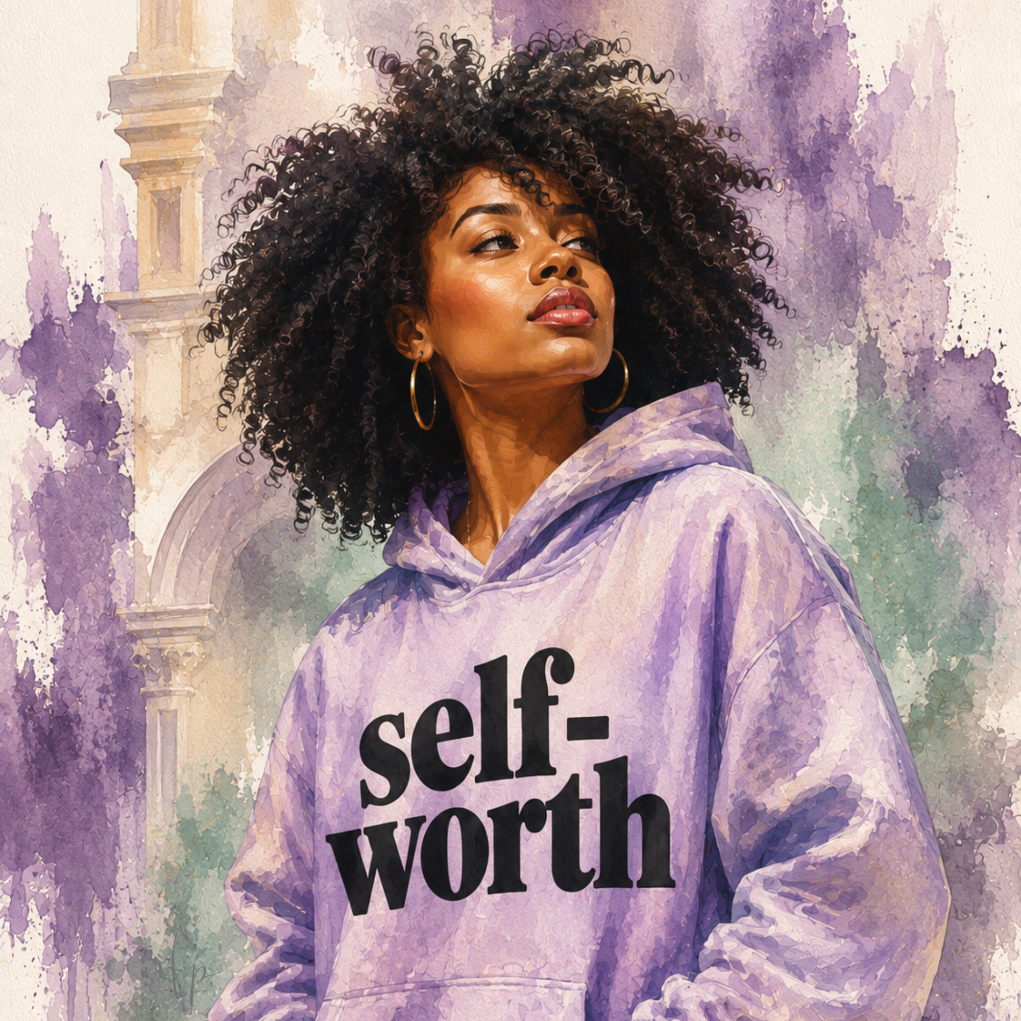 Woman in a lavender oversized hoodie printed with the word “self-worth,” standing before a soft watercolor archway, representing self-worth rooted in Christian identity.