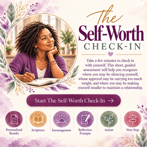 Watercolor illustration promoting The Self-Worth Check-In, featuring an African American woman journaling alongside assessment features including personalized results, Scripture, encouragement, reflection prompts, action, and next steps.