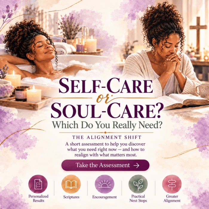 African American woman shown in two scenes, relaxing in a bubble bath for self-care and praying with an open Bible for soul-care, promoting the Self-Care or Soul-Care assessment.